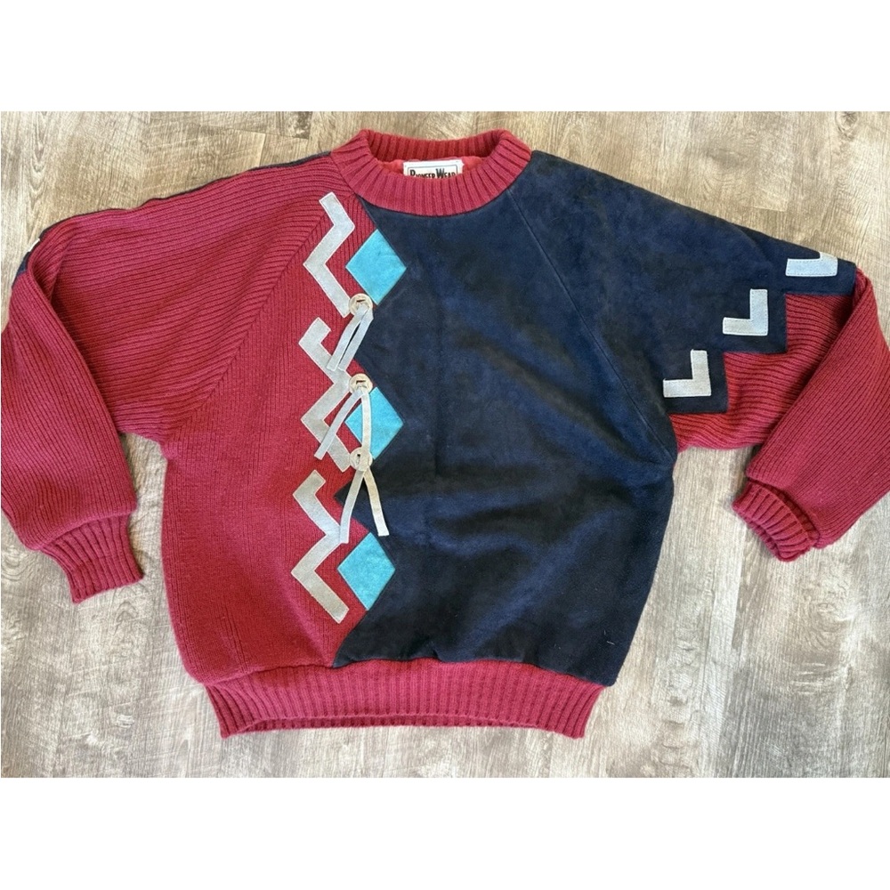 VINTAGE Pioneer Wear Women Sweater XL Red Western Aztec Tassel Leather